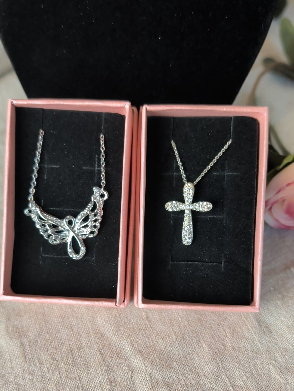 Vintage Silver Tone Angel Wings Crystal Cross Necklace Set Layered Y2K Celestial